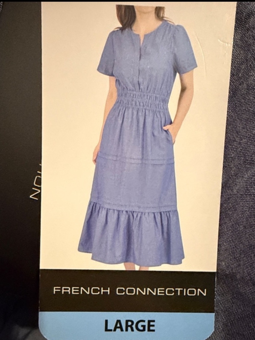 French Connection Chambray Tiered Midi Dress 100% Cotton Blue size L NWT